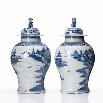 A matched pair of blue and white Chinese jars with covers, Qing dynasty, Qianlong (1736-95).