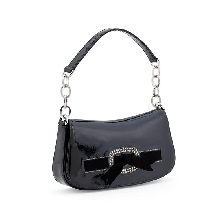 SANDRO VIACARI, a black patent leather and swarovski crystal evening bag.