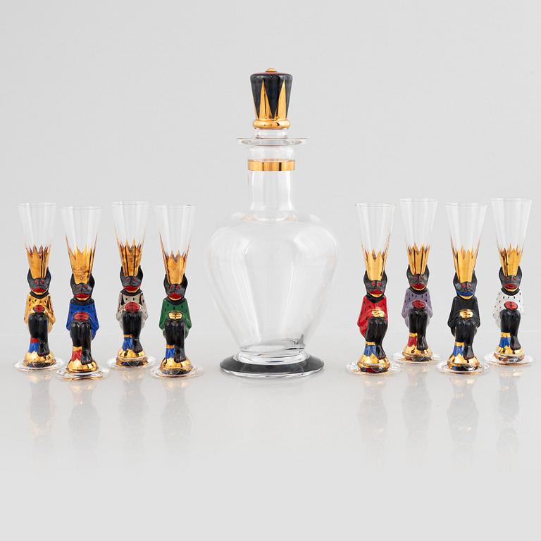 Gunnar Cyrén, eight 'Nobel' schnapps glass and a decanter with stopper, Orrefors, Sweden.