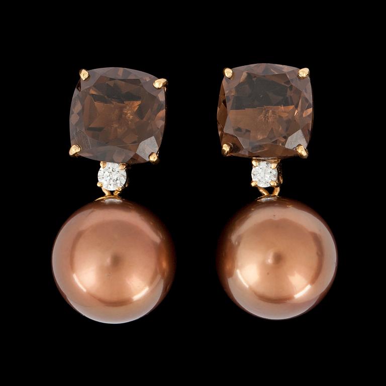 A pair of smoky quartz, brown cultured South sea pearl and diamond earrings. Diamond total carat weight circa 0.20 ct.