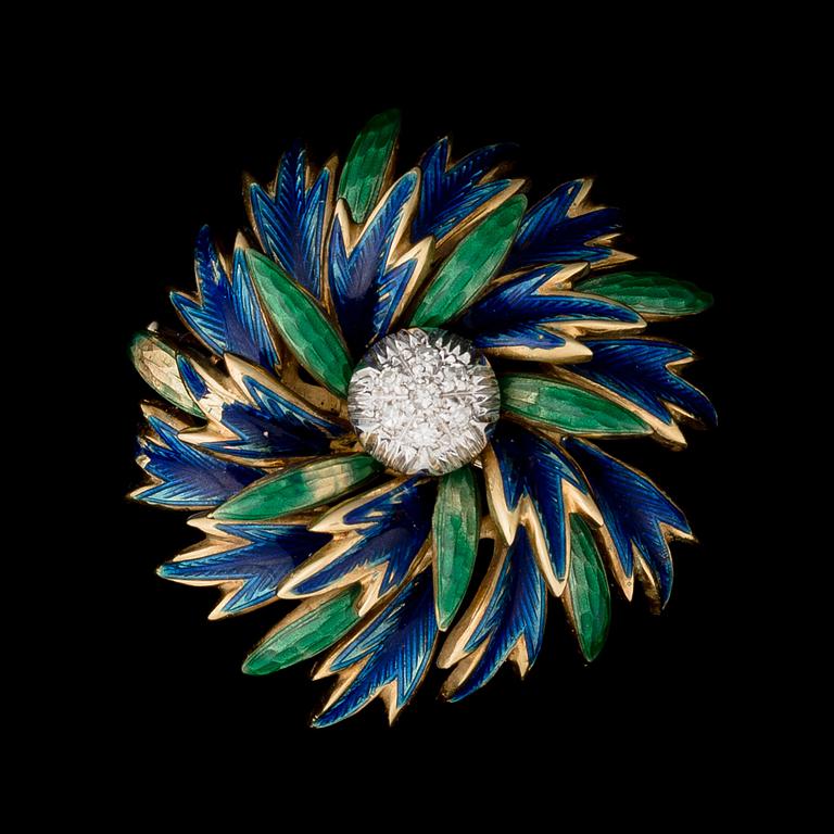 A BROOCH, 18K gold, green and blue enamel, 8/8 cut diamonds. Italy.