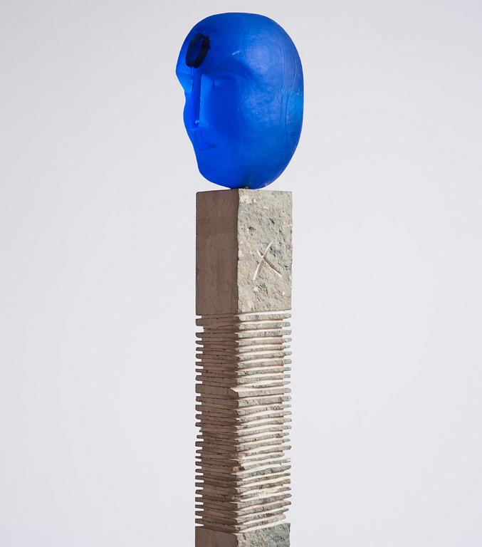 Bertil Vallien, a unique cast glass sculpture, head on stand, Kosta Boda, Sweden.