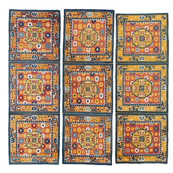 MEDITATION RUGS, 3 PIECES. Semi-antique China. 197 x 70,5, 203 x 69 and 203,5 x 67 cm.