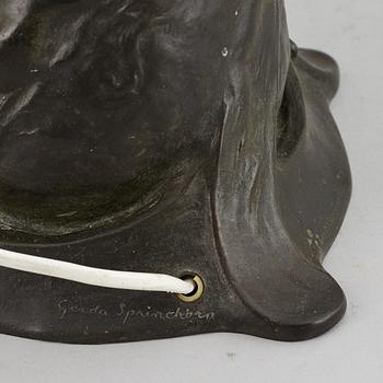 GERDA SPRINCHORN, an Art Nouveau green patinated bronze lamp "The Sun", Herman Bergman, Stockholm, early 20th century.