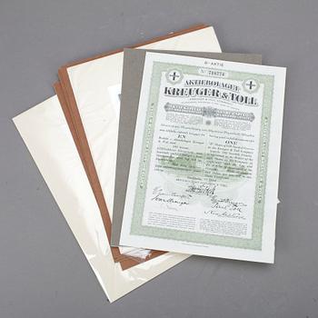 PARTI BÖRSMEMORABILIA, etsningar, 7 st samt aktiebrev från Kreuger & Toll.