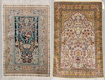 Two chinese silk rugs, around 96 x 63 and 91 x 63 cm.