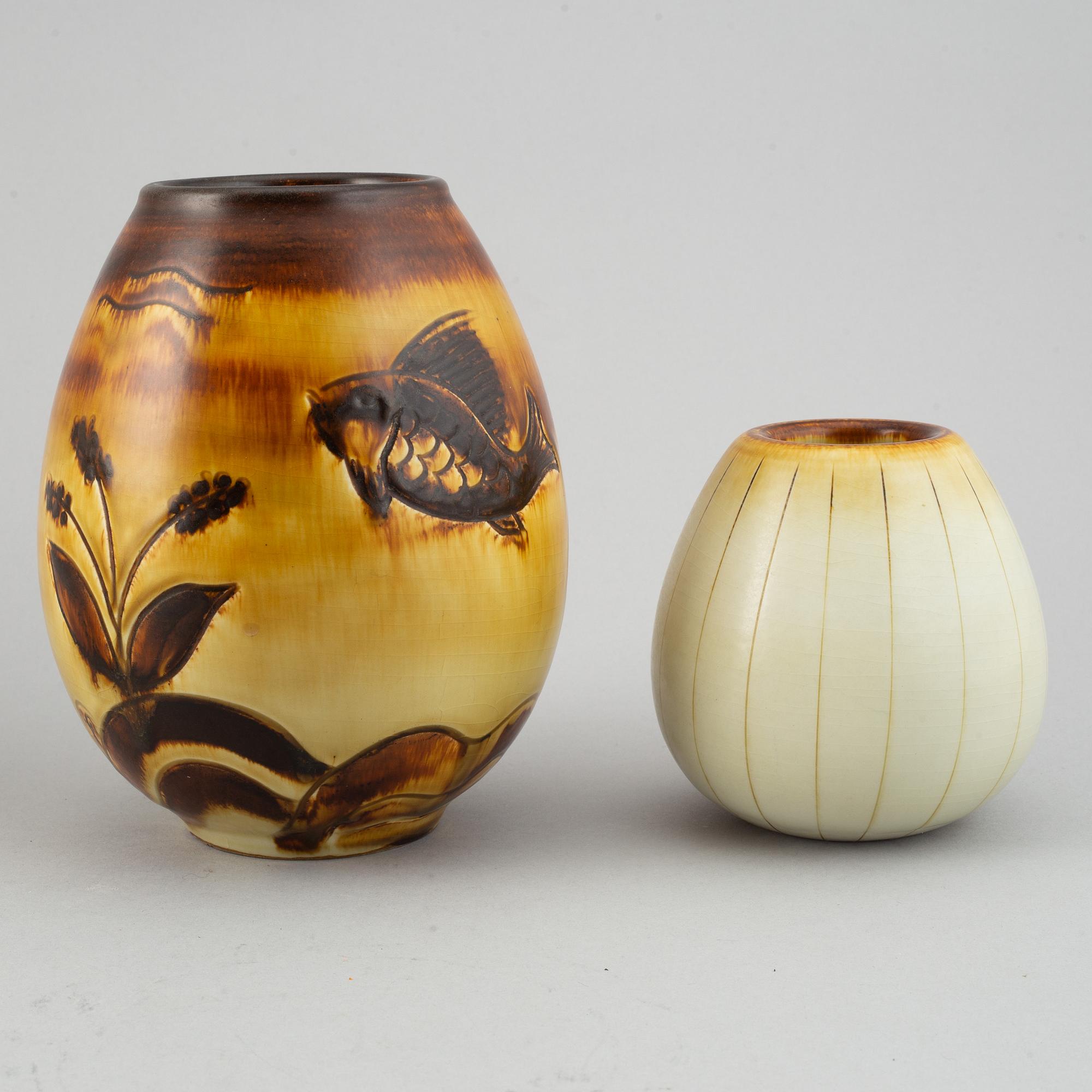 Gertrud Lönegren, two stoneware vases and a plate, Rörstrand, 1936-1941.