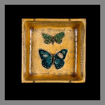 RUT BRYK, CERAMIC RELIEF, BOX. Two butterflies. Signed Bryk. Late 1950s.