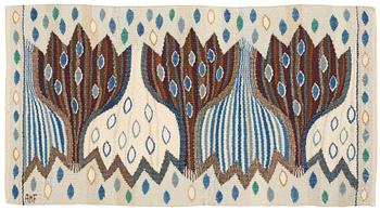 653. TEXTILE. "Blå Crocus". Tapestry weave variant (Gobelängvariant). 31,5 x 59 cm. Signed AMF.