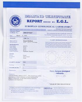 Sormus, 14K valkokultaa, briljanttihiottu timantti noin 2.08 ct.  EGL-sertifikaatilla.
