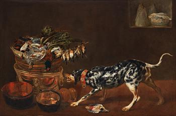 Paul de Vos Attributed to, Kitchen interiör with dog, cat and birds.