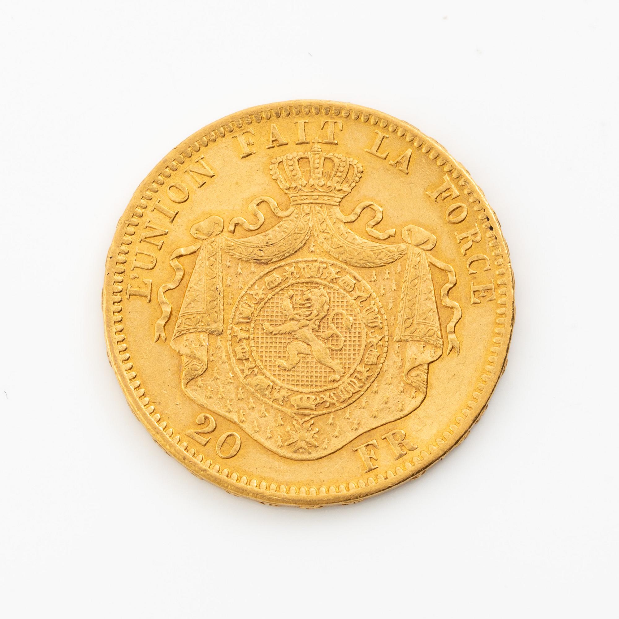 Gold coin, Belgium, Leopold II, 20 Franc, 1871.