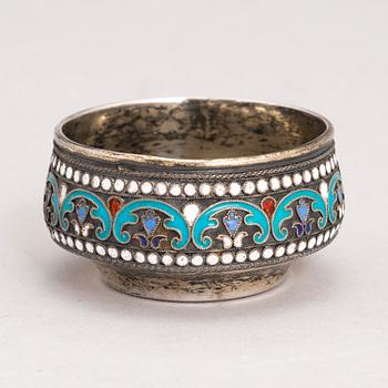 A Russian enamelled silver salt cellar, Moscow, early 1900s.