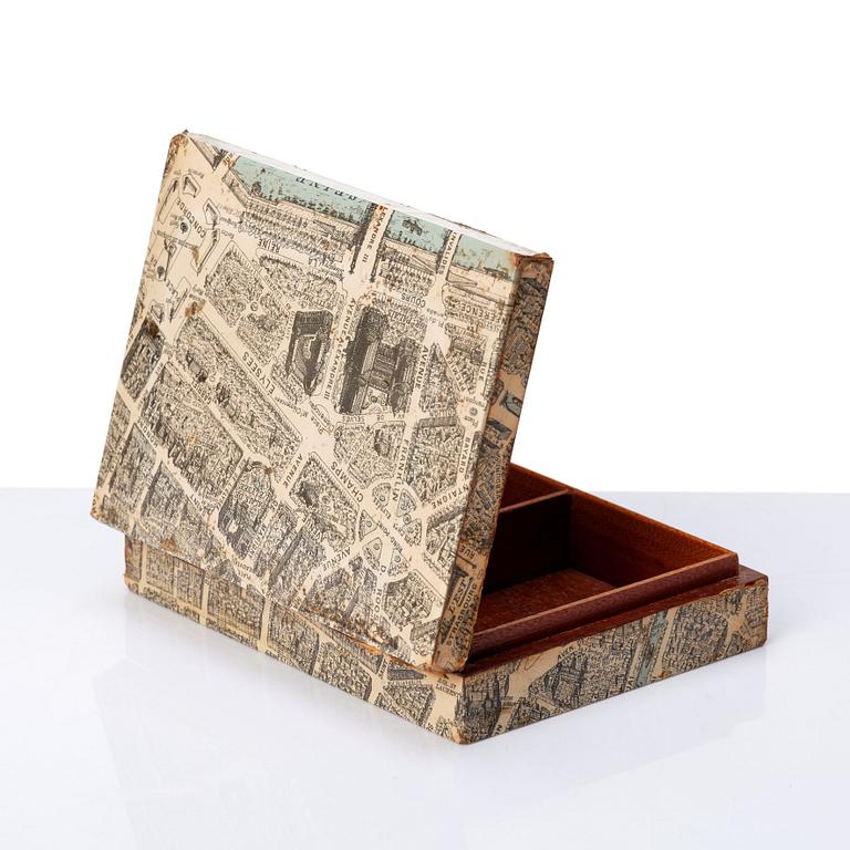 A mahogany cigarette box covered with a map over Paris, probably acquired Svenskt Tenn, Stockholm, ca 1940s.