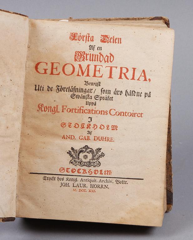 BOK, 2 sambundna, "Geometria..." av And. Gab. Duhre, Stockholm 1721 resp "Mathesin universalem och algebra..." av Georg Brandt, Stockholm 1718.