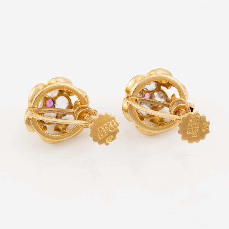 Earrings, a pair, 18K gold with rose-cut diamonds and rubies.