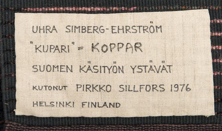 UHRA-BEATA SIMBERG-EHRSTRÖM, rya / ryamatta. Finska Handarbetes Vänner. Ca 185x125 cm.