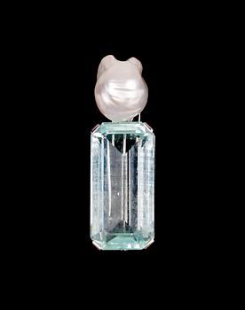 919. A large step cut aquamarine and cultured baroque pearl brooch.