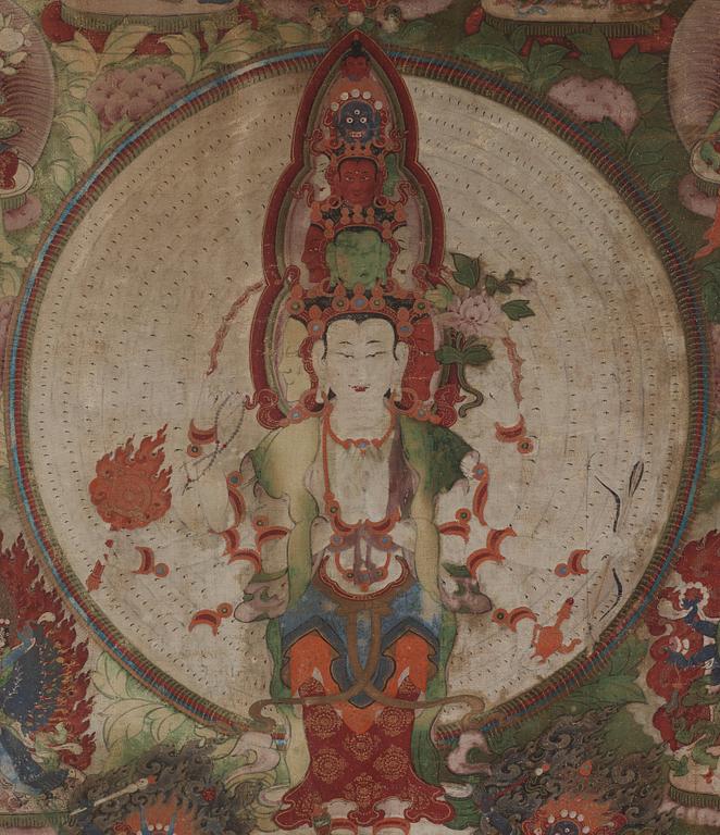 THANGKA, färgpigment på bomull och papper. Tibet, 17/1800-tal.