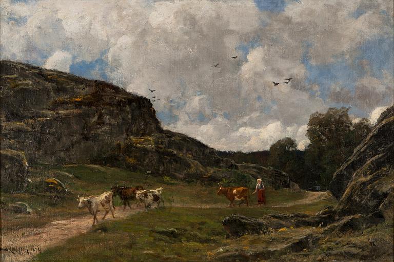 Berndt Lindholm, Peasant woman with cows in mountain landscape.