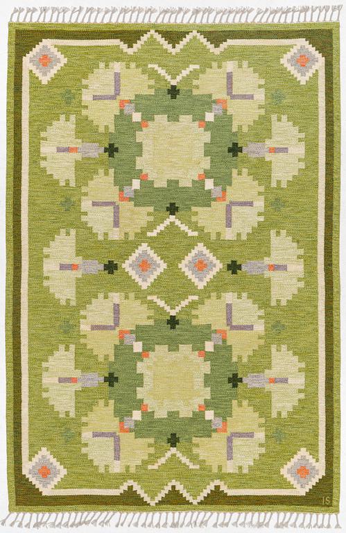 Ingegerd Silow, a carpet,'Nejlikan', flat weave, c 283 x 194 cm, signed IS.