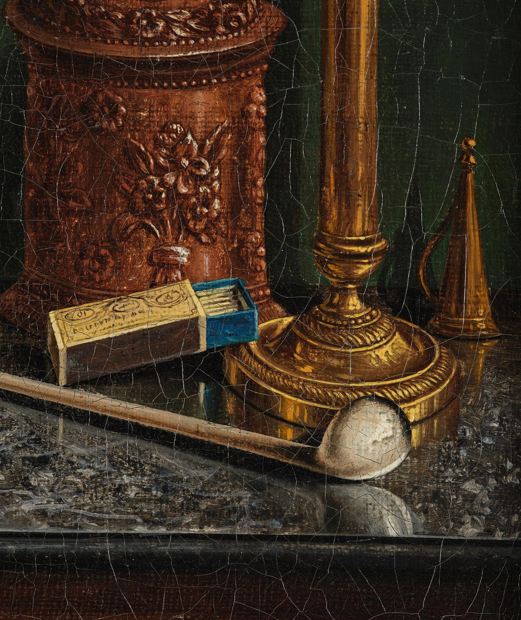 Unknown artist, possibly Scandinavia, mid-19th century, Still Life with chalk pipe, decanter, matches, and tobacco tin.