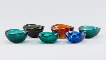 A set of 6 oval Murano glass bowls, 1965.