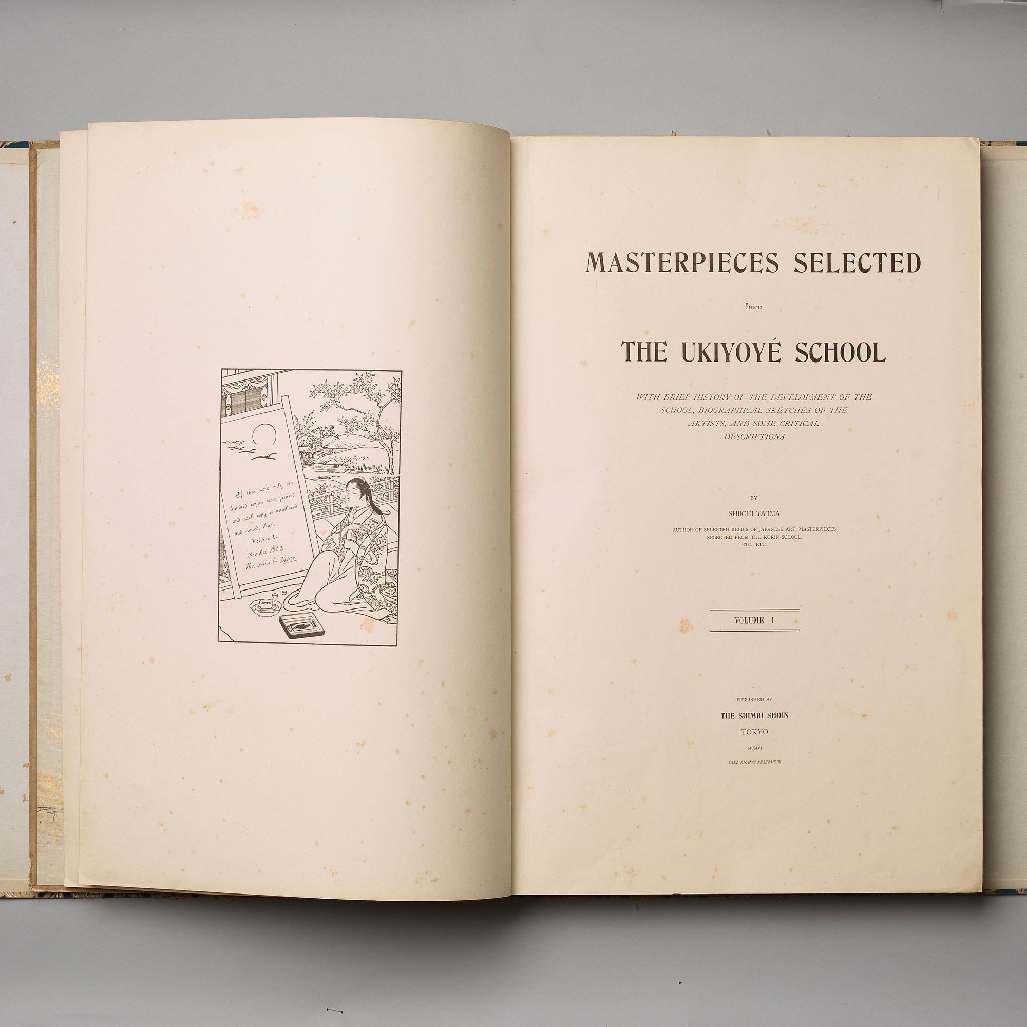 MASTERPIECES SELECTED UKIYOYE SCHOOL, VOLUME I. Tokyo, published by The Shimbi Shoin, Tokyo MCMVI.