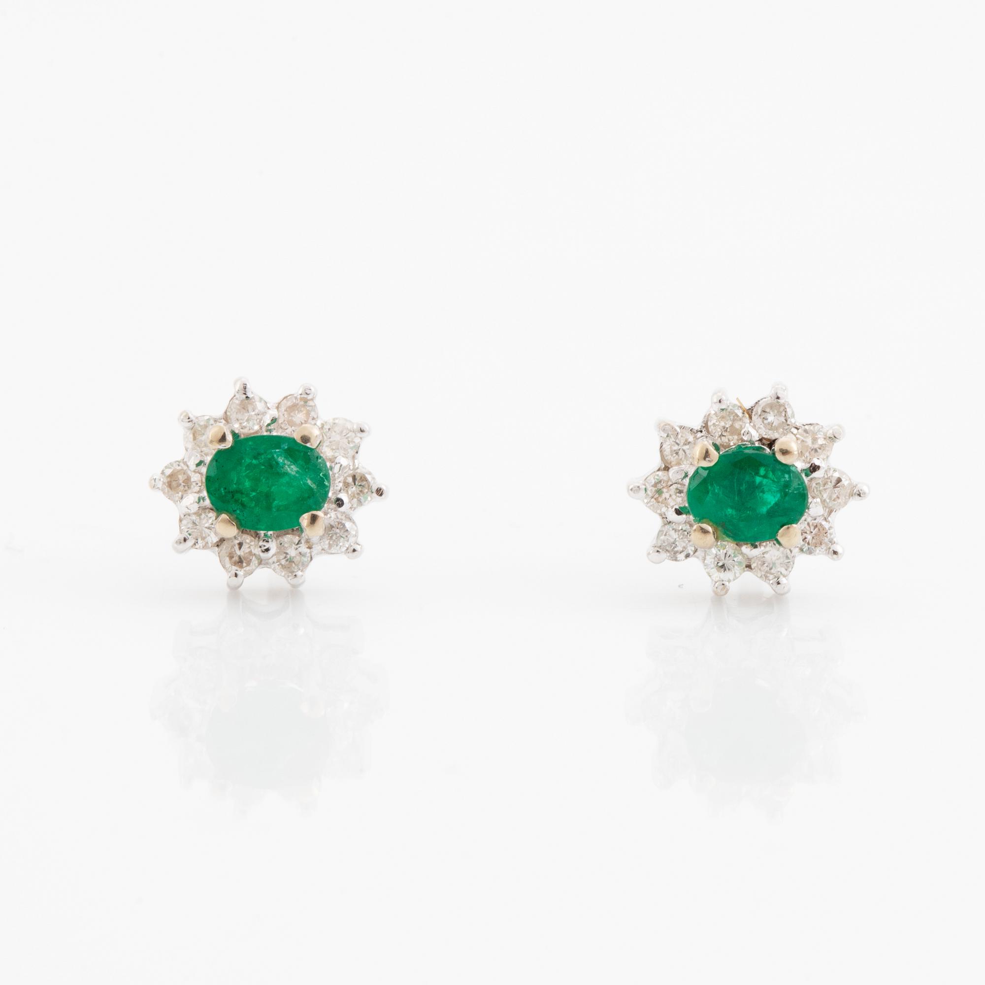 Emerald and brilliant cut diamond earrings.