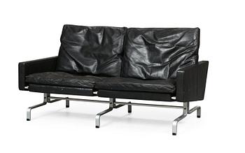 750. A Poul Kjaerholm black leather and steel base "PK-31-2" sofa, maker's mark E Kold Christensen, Denmark.