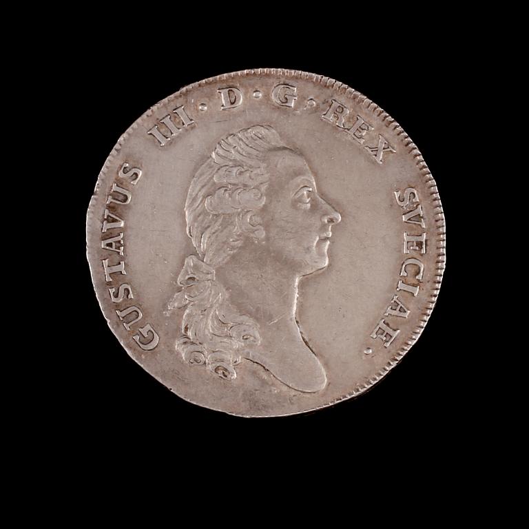 MYNT, silver, 1 riksdaler, Gustav III, 1776. Total vikt 29 g.