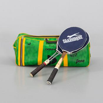SPORTBAG "BJÖRN BORG PLAYS DONNAY" and two tennis racket, 1970's.