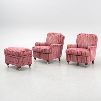Armchairs, a pair, and a footstool, contemporary.