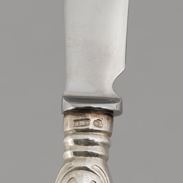 Gustaf Möllenborg-Féron, six silver table knives, model 'Prins Albert', Stockholm 1864-1880.