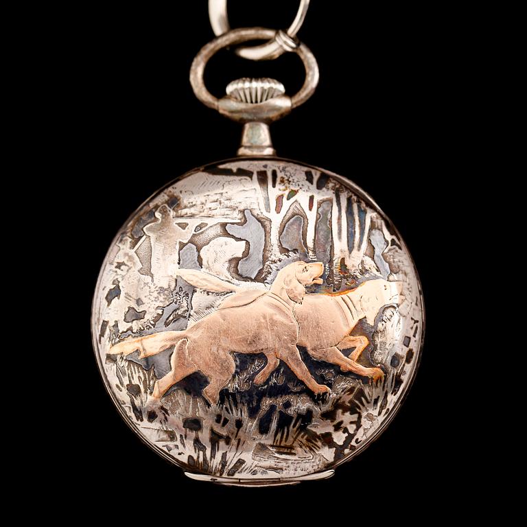 FICKUR, silver, Omega, omkring år 1900. Total vikt ca 98 g.