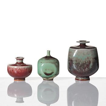 Berndt Friberg, a set of 6 stoneware vases and 3 bowls, Gustavsberg studio, Sweden 1944-47 and 1960-70s.