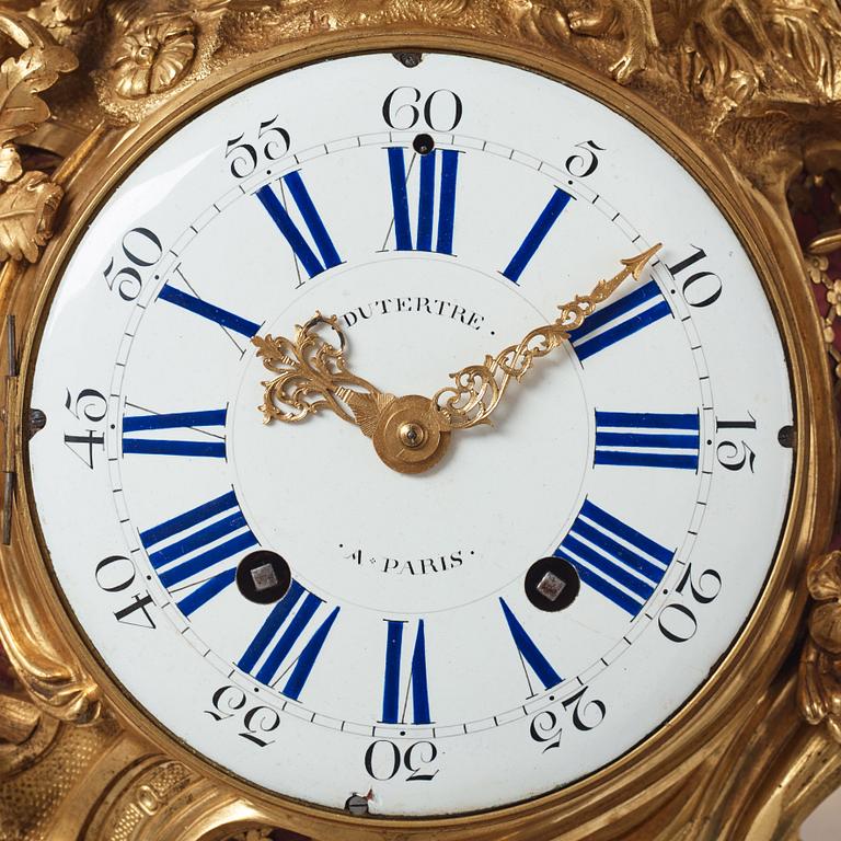 A Louis XV mid 18th century gilt bronze wall clock, "Chasse", in the style of J J de Saint Germain,