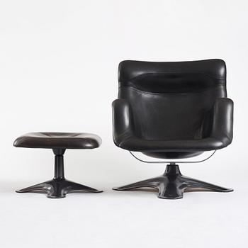 Yrjö Kukkapuro, a "Karusellii" fibre glass and black leather lounge chair and ottoman, Haimi, Finland, 1960-70's.