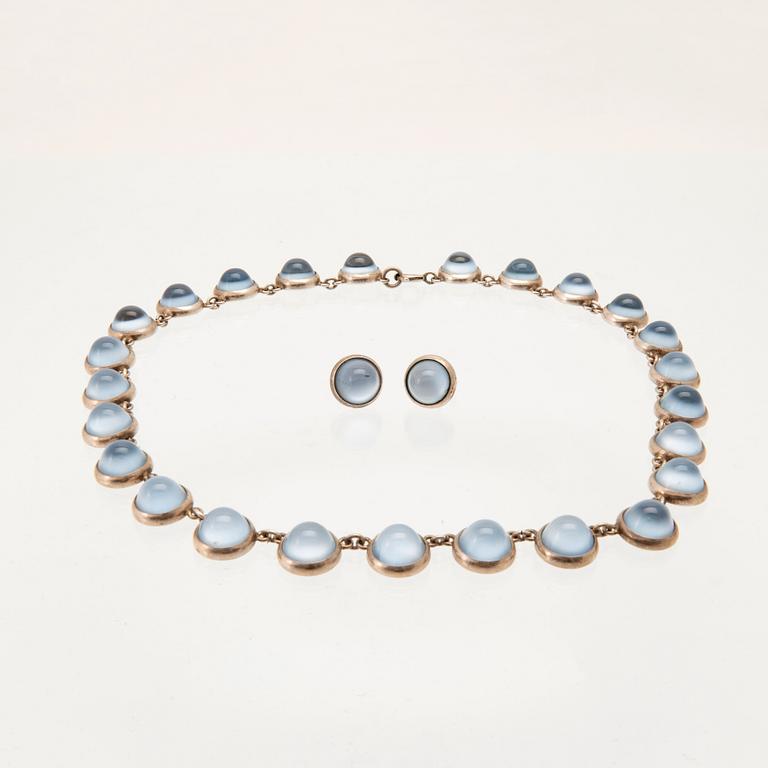 A silver and glass necklace and a pair of earrings by Mattsson & Olsson Malmö 1957.