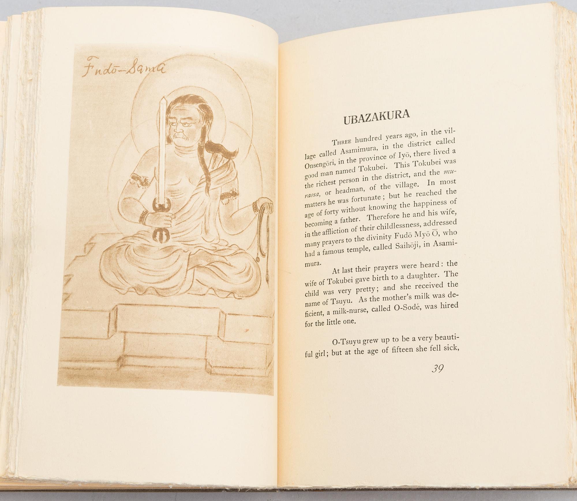 Bok, "Kwaidan", av Lafcadio Hearn, illustrerad och signerad av Yasumasa Fujita. Första upplagan, Japan, 1932.