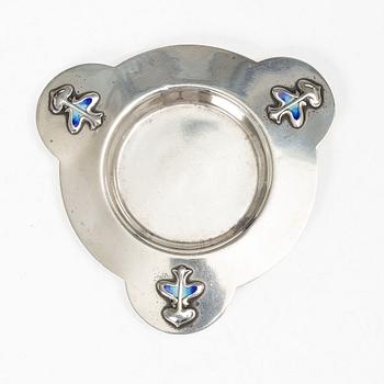 An English Arts & Crafts era silver and enamel dish, mark of James Fenton, Birmingham 1905.