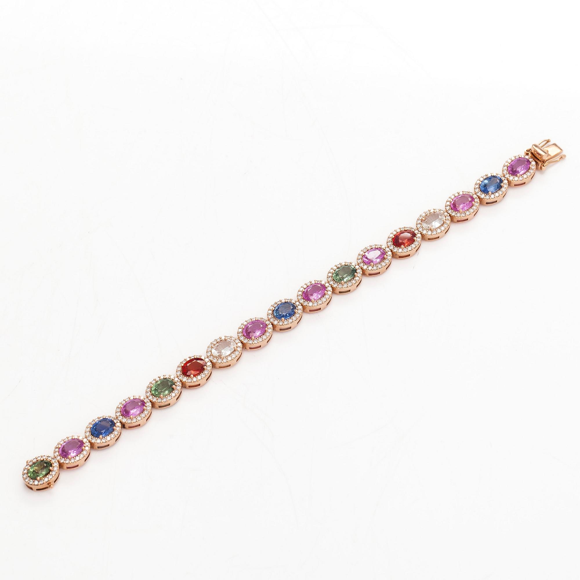 A multi colour sapphire and diamond bracelet in 14K rosegold.