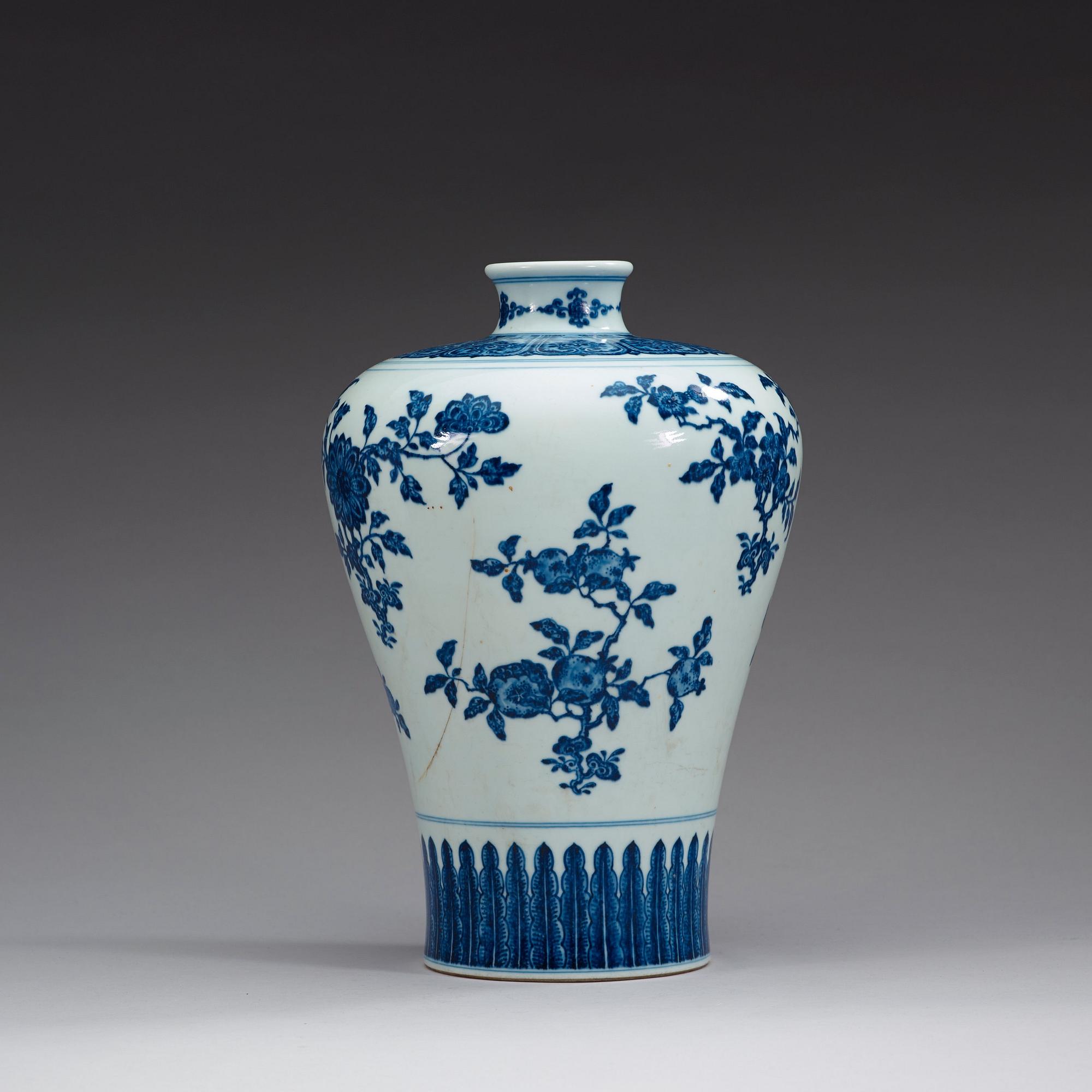 A well painted Ming style blue and white Meiping vase, Qing dynasty, with Qianlong seal mark (1736-95).