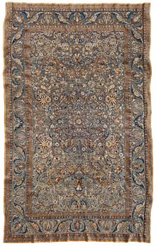 452. A RUG. A semi-antique silk Kashan Souf (in relief). 210 x 131,5 cm (as well as one cm flat weave at each end).