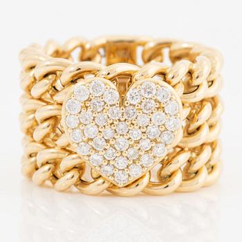 Ring, 18K gold, chain-shaped with a heart set with brilliant-cut diamonds.