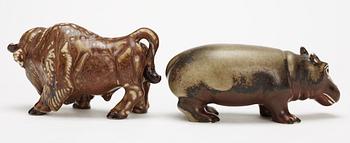 Two Gunnar Nylund stoneware figures, a bison and a hippo, Rörstrand.