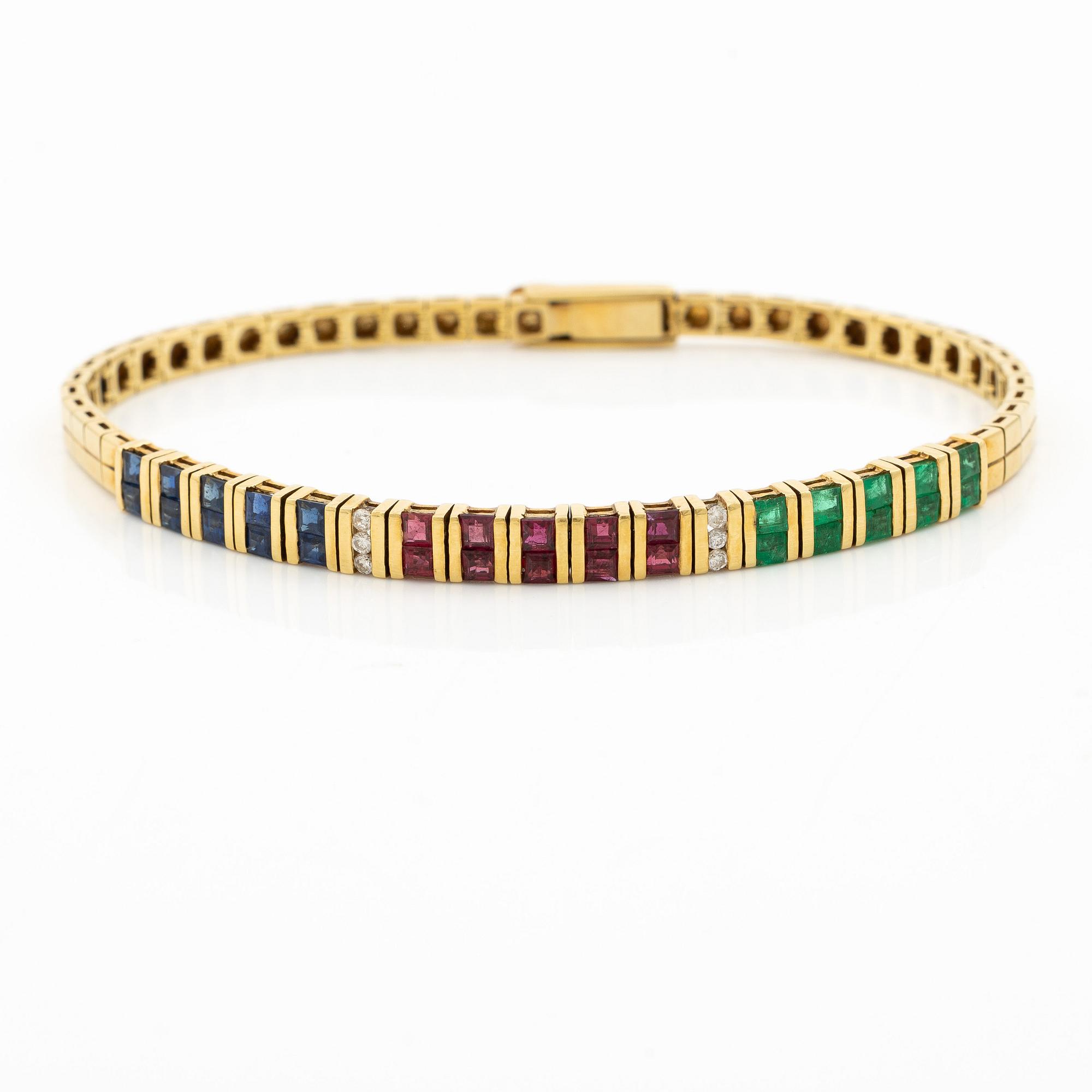 Bracelet, 18K gold with brilliant-cut diamonds, carré-cut rubies, emeralds and sapphires.