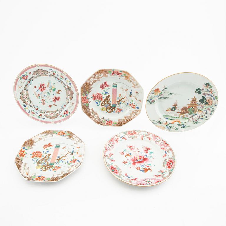 A set of five different Chinese 18th century porcelain plates.