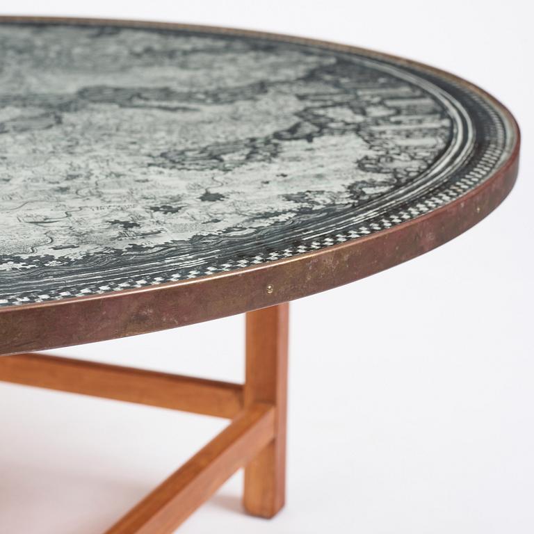 Josef Frank, a mahogany base table, map on the top, Svenskt Tenn, Sweden, model U601 (the top) & U491, 1960s-1970s.