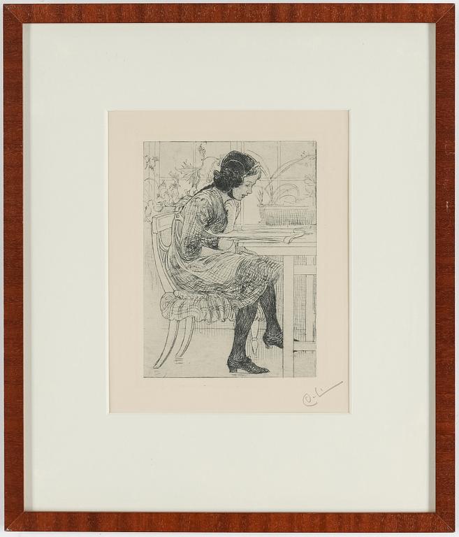 CARL LARSSON, etching, signed C.L. in pencil. Executed 1916. State 2. "Reading".